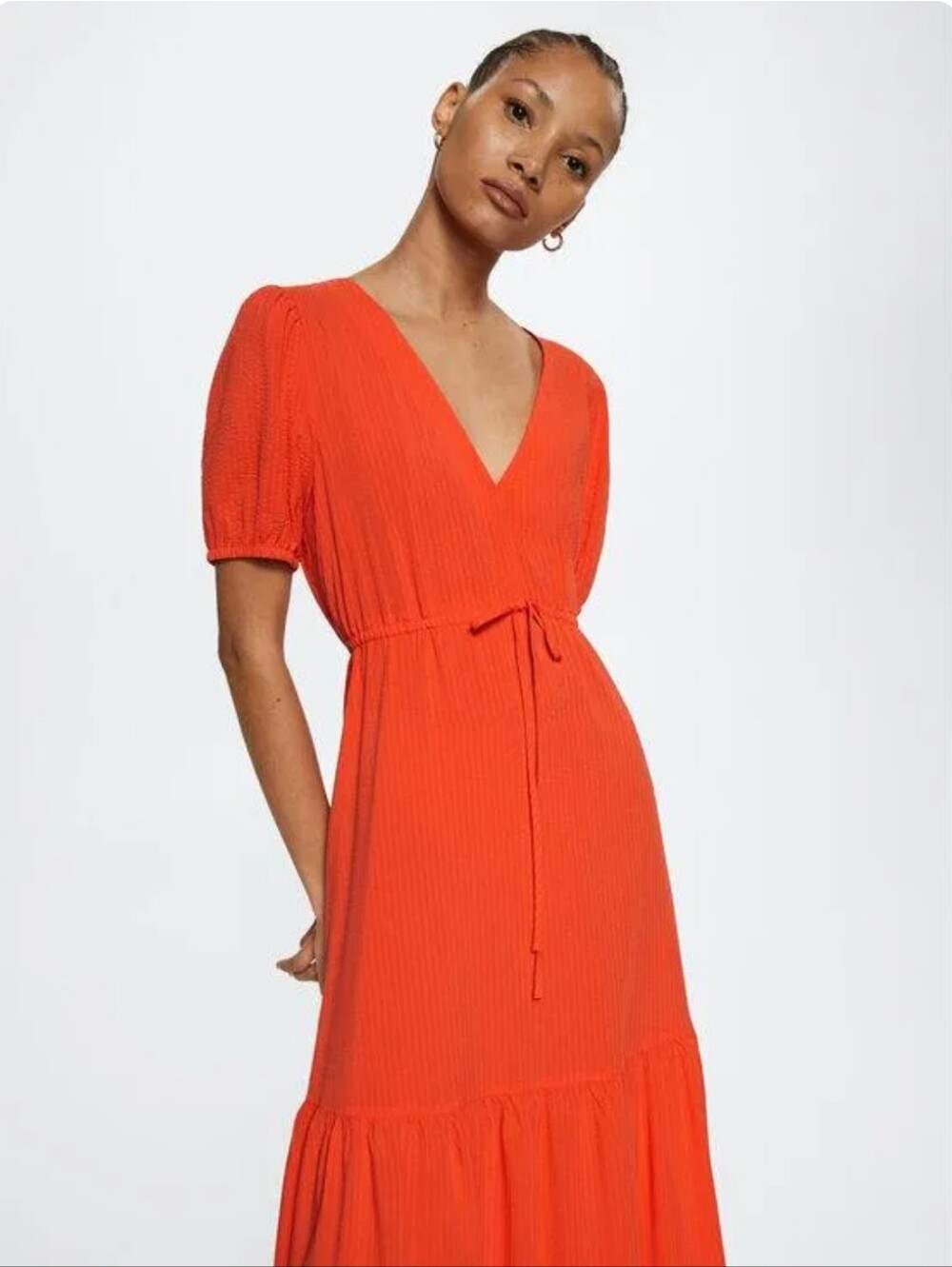 Mango Flowy Long Dress Orange Red V-Neck Tie-Waist Maxi Size Large